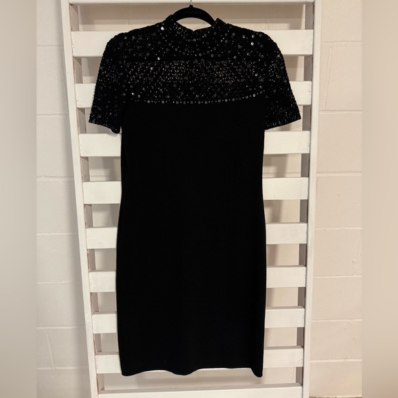 ST JOHN Evening Black Sheath Dress Size 8 Embellished Sequin Mock Neck - Picture 3 of 14